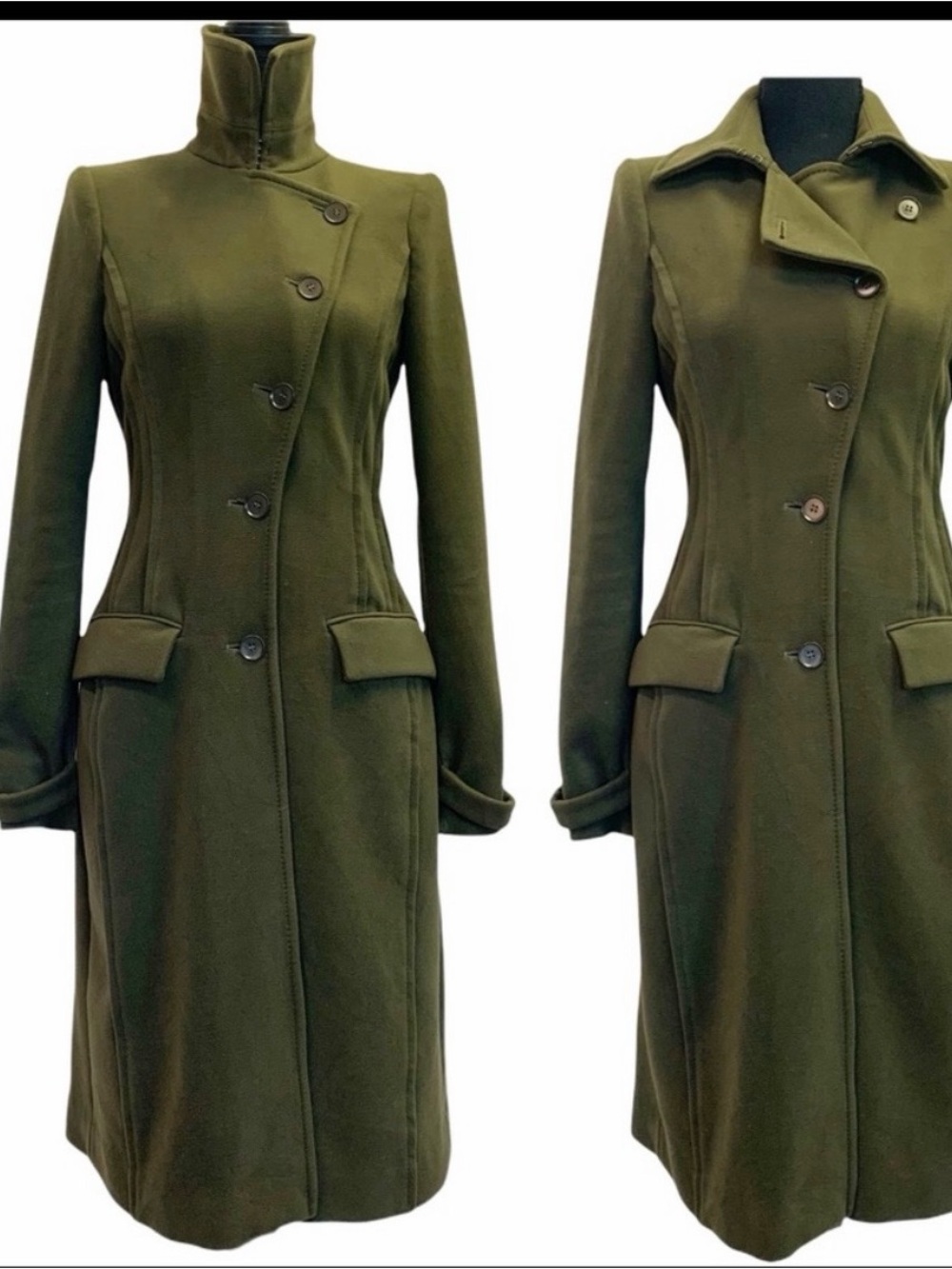 BCBGMaxAzria Olive Green Asymmetrical Button Trench Coat